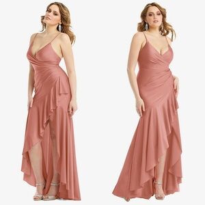 NWT CYNTHIA & SAHAR Stretch Satin‎ Pleated Wrap Ruffled High Low Maxi Gown XS